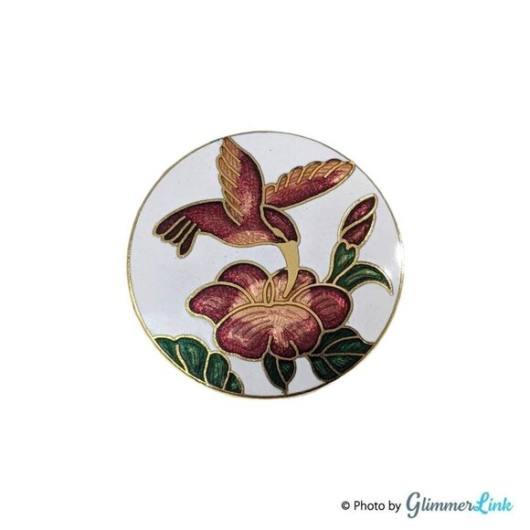 Vintage Cloisonné Floral Hummingbird Gold Tone Enamel Brooch - Picture 1 of 6